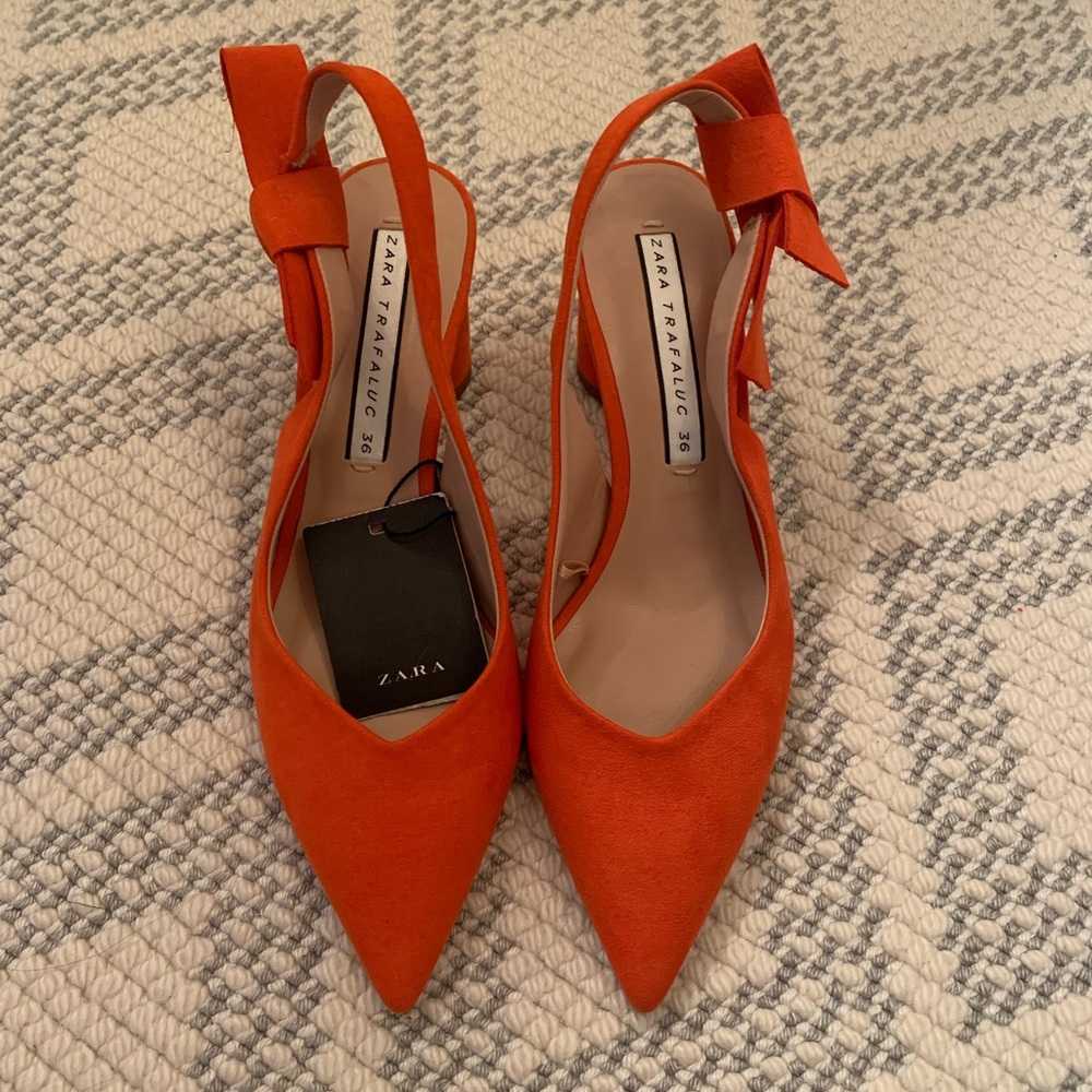 Zara orange suede tie heels